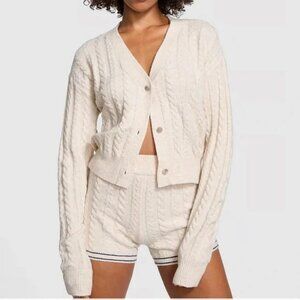 Victoria Secret PINK Collegiate Cable Knit Sweater Beige Off White cardigan SM